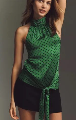 Anthropologie Maeve Polka Dot Silken Halter Tie Top in Green Dot thumbnail 1