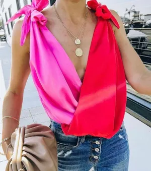 Strut & Bolt pink & red tie strap color block bodysuit thumbnail 1