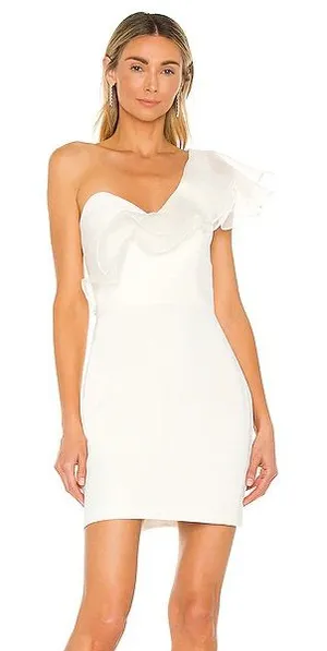Amanda Uprichard Farryn mini Dress Ivory bridal satin ruffle silky formal bride thumbnail 1