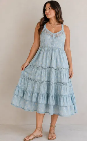 Pilcro By Anthropologie Citrus Fruit Ruffled Eyelet Midi‎ Dress | Blue | Size L thumbnail 1