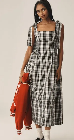 MAEVE Square Neck Tie Strap Midi Dress in Plaid Size Large thumbnail 1
