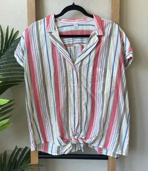 Old Navy Beachy Casual Tie-Front Pink Striped Button-Up Top thumbnail 1