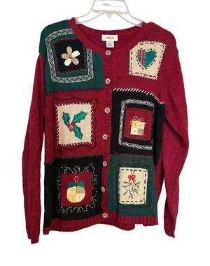 Vintage Talbots Silk Blend Ugly Christmas Sweater‎ Embroidered Patchwork SzL thumbnail 1