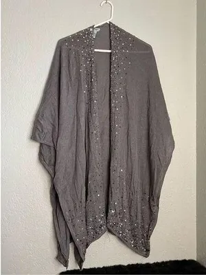Chico's Womens Gray Silver Bling Studded Poncho Duster Shaw o/s thumbnail 1