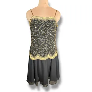 Vintage Beaded Black Gold Drop Waist Metallic Sequin Cocktail Dress Sleeveless 4 thumbnail 2
