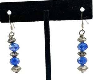 Handmade 925 Sterling‎ Silver Hook Bead Drop Earrings Blue Saphire Glass Crystal thumbnail 1