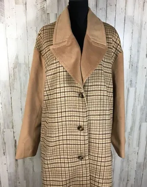 Mural Plaid Longline Coat Jacket Wool Blend Brown Size XL thumbnail 4