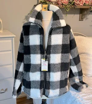 Sherpa Cozy Jacket Fluffy Zip Black White Buffalo Checkerboard Comfy Womens M thumbnail 3