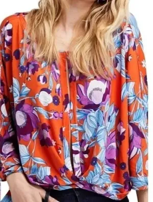Free People Keepin On‎ Orange & Purple Floral Slouchy Short Sleeve L thumbnail 1