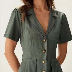 RIHOAS Green V Neck Pleated Button Midi Dress thumbnail 4