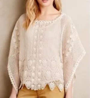 Anthropologie Sparrow Cream Summer Scalloped Crochet Poncho Top XS thumbnail 1