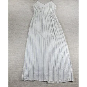 Monteau Los Angeles Linen Maxi Sundress Large White Blue Striped Rayon Slit thumbnail 13