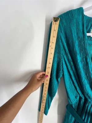Vintage Pellini Petites Teal Crinkle Belted‎ Dress 3/4 Petite thumbnail 13