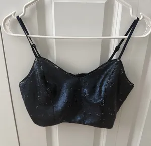 AKIRA Navy Blue Sequin Whimsygoth Fairy Bustier Crop Top with Adjustable Straps thumbnail 1