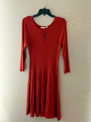 NEW Cato Juniors Large Red Ribbed Lace Up Fit & Flare Stretch Knit Dress thumbnail 4