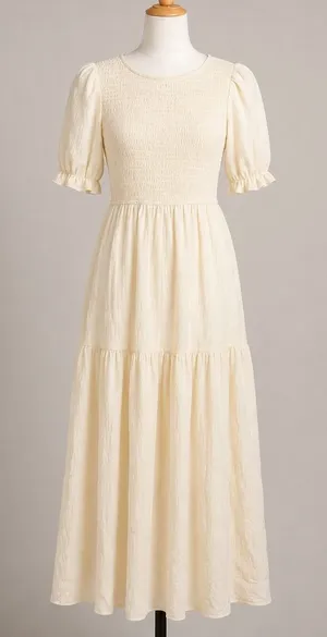 Cream Smocked Puff Sleeve Tiered Maxi Dress Cottagecore Textured Boho Medium thumbnail 1