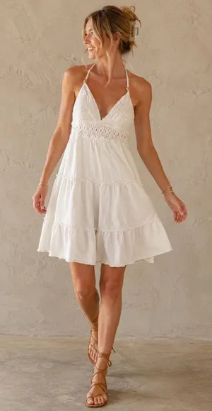 Off White Crochet Halter Beaded Tie Back Boho Tiered Mini Dress Tunic thumbnail 1