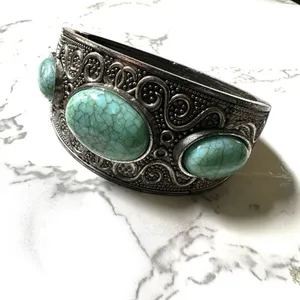 Faux turquoise silver engraved clamper bracelet Blue thumbnail 2