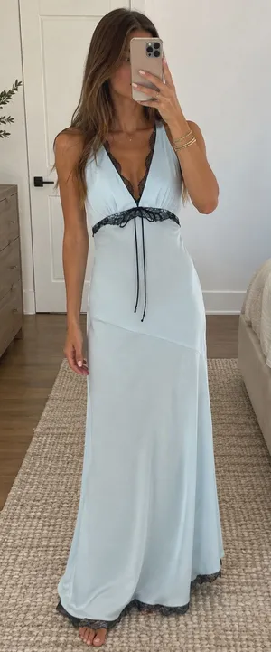 FOR LOVE & LEMONS Mariella Lace Trim Satin Maxi Dress in Blue Size XL thumbnail 1