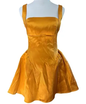 NWT Micas Satin Puff Hem Sleeveless Mini Dress Size‎ S Yellow Ochre thumbnail 1
