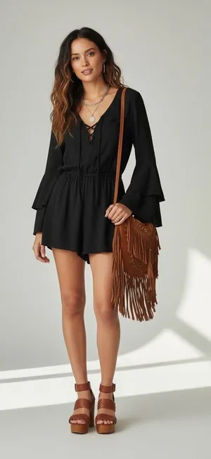 Vintage Havana Black Romper Tiered Bell Sleeve Lace Up Front Boho Flowy M thumbnail 1