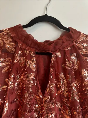 Anthropologie Floral Sequin Rust Orange Ruffle Tie Blouse Womens Large thumbnail 4