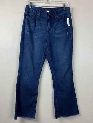 Halogen Cropped Kick Flare Jeans High Rise Frayed Ankle Distressed Dark Wash 28 thumbnail 3