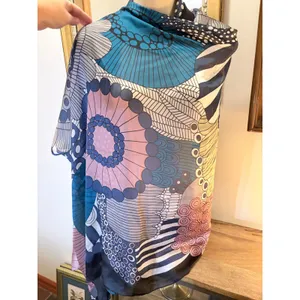 Silk Blend Square Scarf Teal Blue Pink Mod Floral Geometric Lightweight thumbnail 4