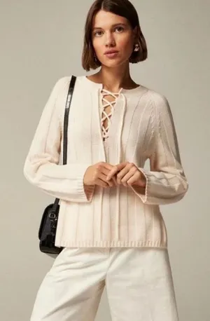 J. Crew Collection Women's 100% Cashmere Lace Up Beach Sweater Cream Size M thumbnail 1