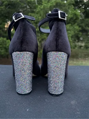 Shoedazzle Black Velvet Ulyssa Rhinestone Ankle Strap Block Heels Size 6 thumbnail 6