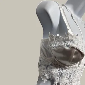 White Satin Lace‎ Corset Crop Top Bustier Hook Front Floral Applique Cottagecore thumbnail 4