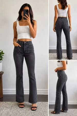 GAP ’70s Flare High Rise Jeans Women’s 31/12R Black Wash Patch Pocket Stretch De thumbnail 2