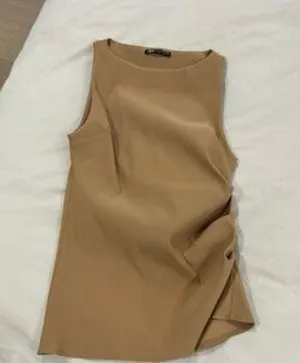 Zara NWT asymmetrical tan ruched gathered stretchy top thumbnail 2