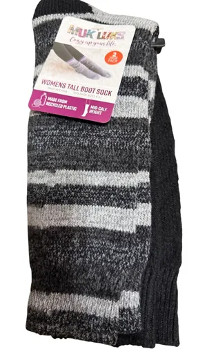 Muk Luks Womens Tall Boot‎ Socks 2 Pair Pack Black Grey Striped Mid-Calf thumbnail 1