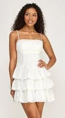 B. Darlin White Lace Tiered Ruffle Mini Dress Sweetheart Neckline Small thumbnail 1