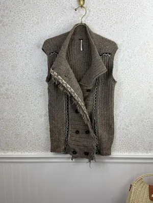 Free People Brown Knit Fringe Sleeveless Button Detail Vest - Size - Small thumbnail 2