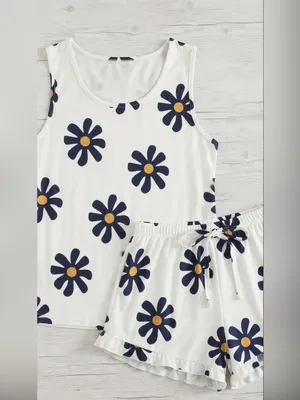 Ekouaer Sleeveless Daisy-Print Tank & Short Pajama Set - White thumbnail 2