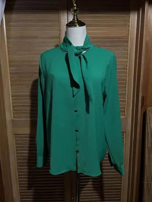 ZARA Green Chiffon Polyester Collared Tie Neck Button Blouse Long Sleeve M thumbnail 7