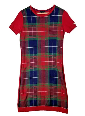 Tommy Hilfiger Red Plaid Short Sleeve Cotton Knit Sweater Dress Womens Small S‎ thumbnail 1