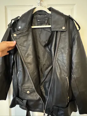 ASOS DESIGN Petite Premium Real Leather Oversized Biker Jacket Black US 4 thumbnail 2