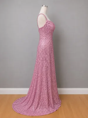 Boutique #27-16 Dusty Rose sequin velvet 1 inch strap long dress thumbnail 4