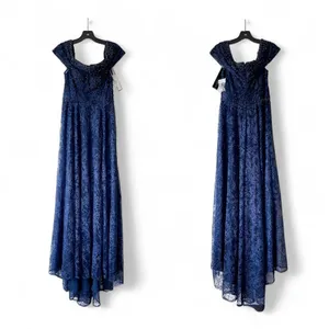 Alexander By‎ Daymor Beaded Gown Maxi Slit Dress Wedding Off-Shoulder Navy 6 NWT thumbnail 2