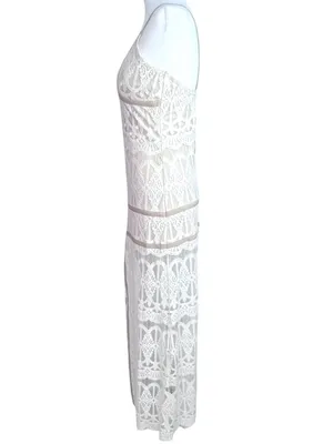 Ecru Split Front Lace Maxi Dress M Cage Spaghetti Straps Prom Beach Wedding thumbnail 8