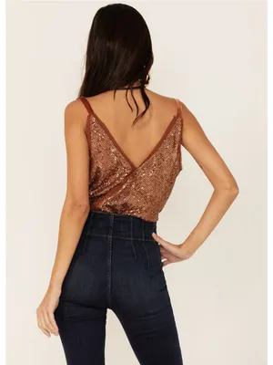 NWT Free People Shimmer & Shine Bodysuit in Sunset Orange Brown Sequins Size XL thumbnail 2