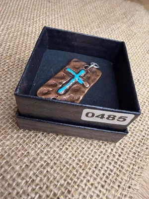 Turquoise-Inlaid Copper Cross Pendant With Rustic Textured Finish Handmade Recta thumbnail 6