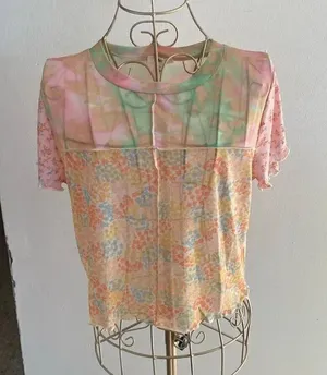 BP Nordstrom Patchwork Crop Top Short Sleeve Ruffle Hem NWT Size L Pink thumbnail 1