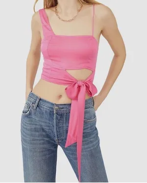 Free‎ People Mila Top Hot Pink Asymmetric One Shoulder Cutout Bow Crop Womens XS thumbnail 1