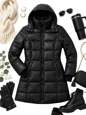 Noize Black Hooded Puffer Jacket Vegan Leather Trim Womens Medium Belt Missing thumbnail 1