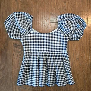 Draper James Women’s Gingham Puff Sleeve Peplum Top Blue White Blouse Size L thumbnail 2