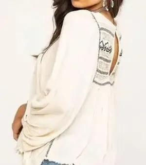 FREE PEOPLE L CYPRUS AVENUE Ivory Peasant Top Balloon Sleeve Embroidered Blouse thumbnail 1